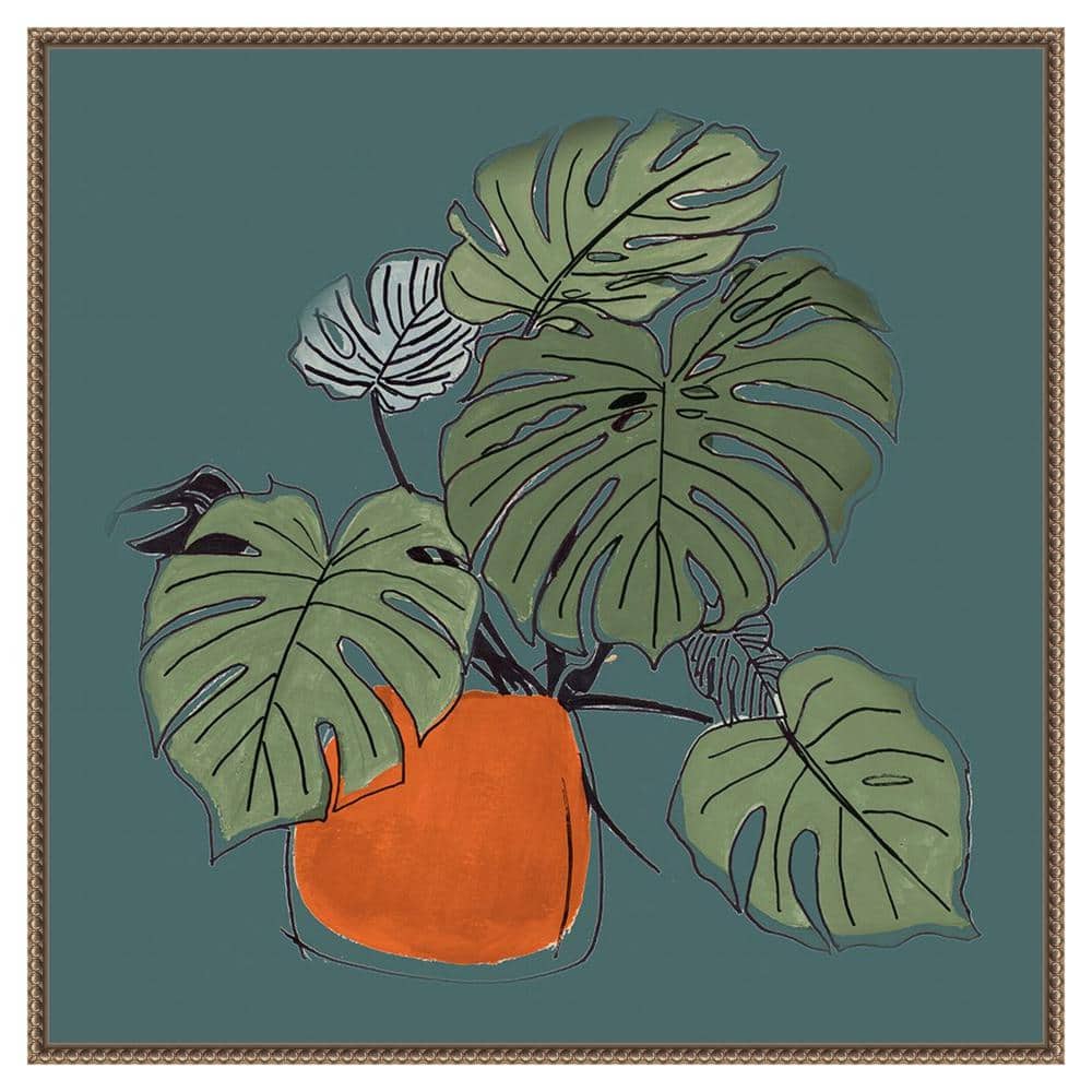 Teal and Orange Retro Potted Plant Canvas Art with Bronze Frame