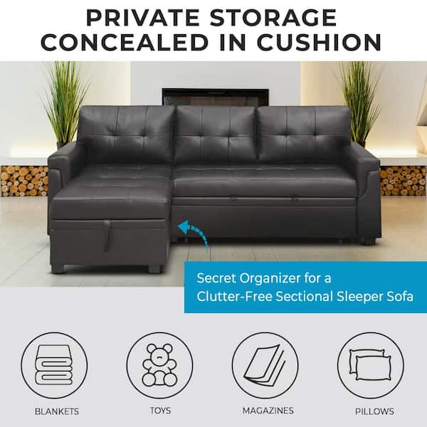 HOMESTOCK 84.64 in. Black Tufted Faux Leather Twin Size 3-Seat