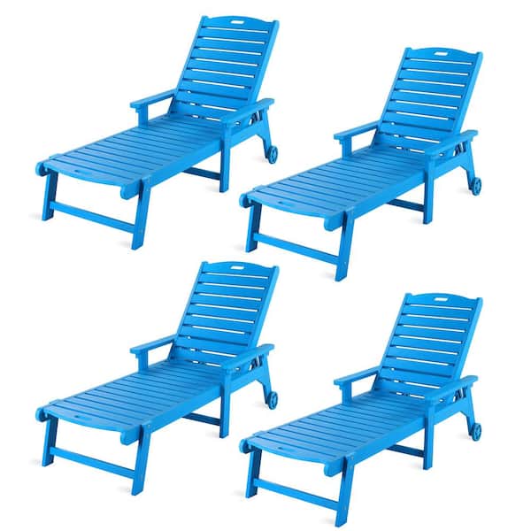 LUE BONA Helen Blue Recycled Plastic Plywood Outdoor Reclining Chaise Lounge Chairs with Wheels for Poolside Patio(set of 4)