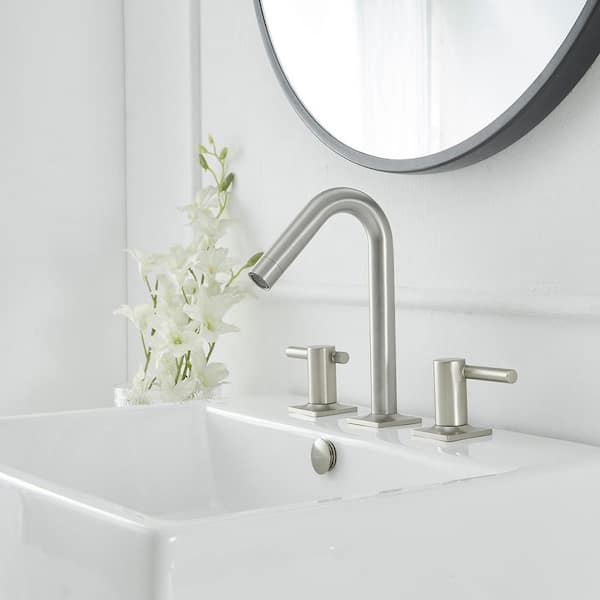 Double Handle 8 in. Widespread Bathroom Faucet with Drain Kit Included, 3 Hole Bathroom Sink Faucet in Brushed Nickel