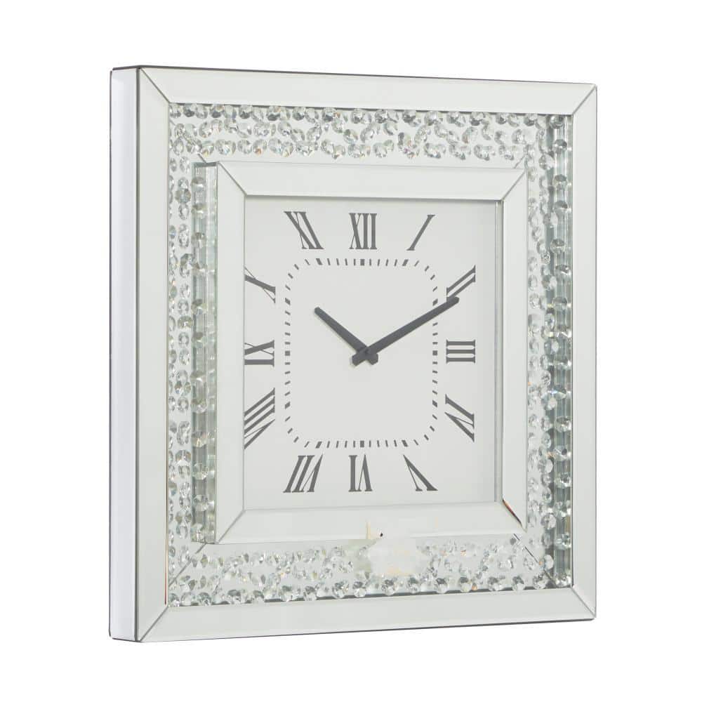 Silver Mirrored Square Wall Clock with Floating Crystals