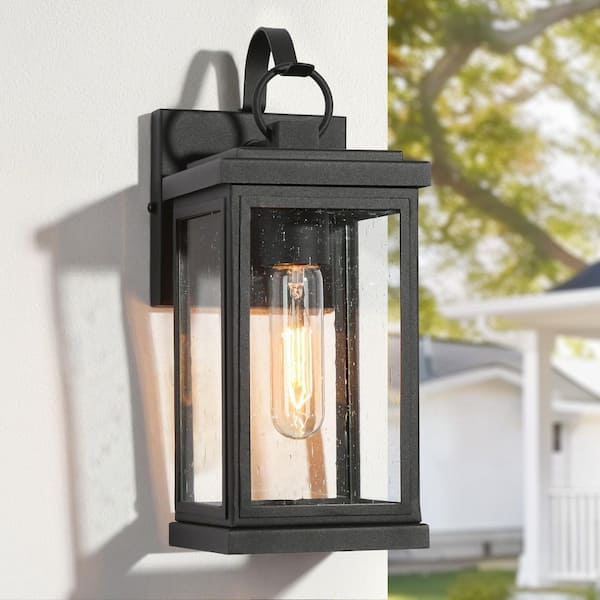 LNC Modern Matte Black 1-Light Outdoor Wall Light Classic Porch Sconce with Seeded Glass Shade Patios Exterior Wall Lamp