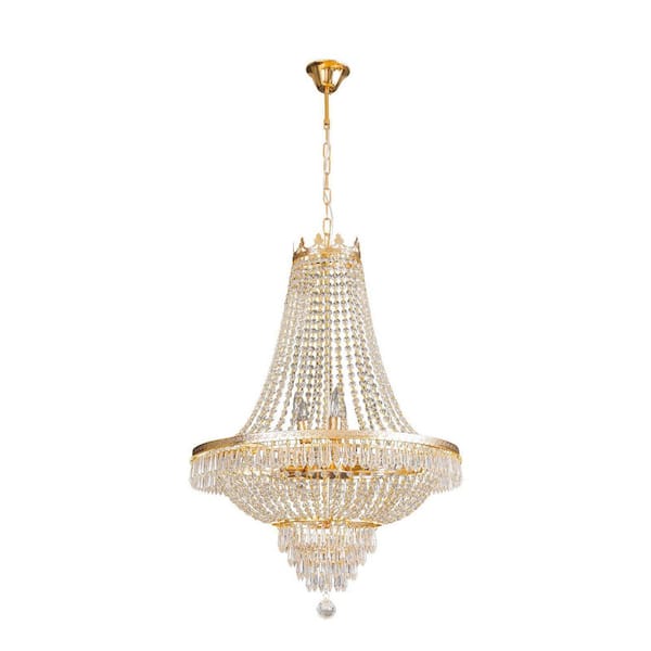 OUKANING 24 in. Gold 9-Light Luxury Raindrop Classic Empire Style Adjustable Chain Chandelier with Crystal Shade for Foyer