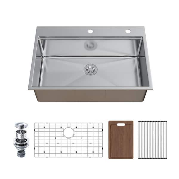 33 in. Drop-In Single Bowl 18 Gauge Stainless Steel Kitchen Workstation Sink with Accessories and Bottom Grid
