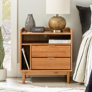 2-Drawer Caramel Solid Wood Mid-Century Modern Nightstand with Tray Top (25.5 in. H x 25 in. W x 16 in. D)