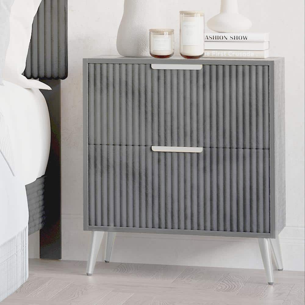 Gray MDF and Paper Laminate 2-Drawer Nightstand