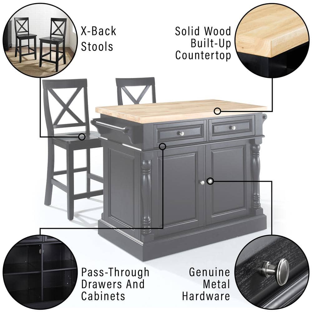 Oxford 50'' Black Solid Wood Kitchen Island Set with X-Back Stools