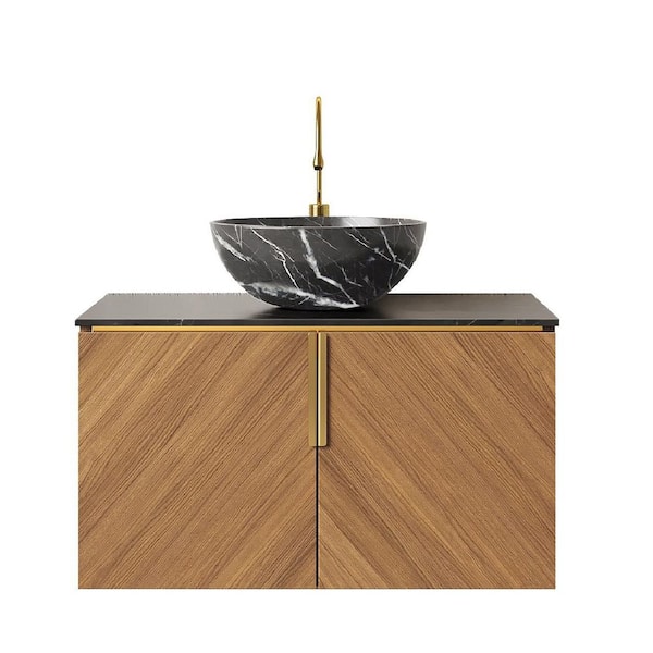 Liory 29.92 in. Floating Espresso Bath Vanity with Black Round Ceramic Basin and Black Sintered Stone Top Unassembled