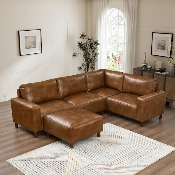 Xandell Modern 104 in. Square Arms PU Faux Leather Upholstery U-Shaped Sectional Sofa in Brown with Ottoman