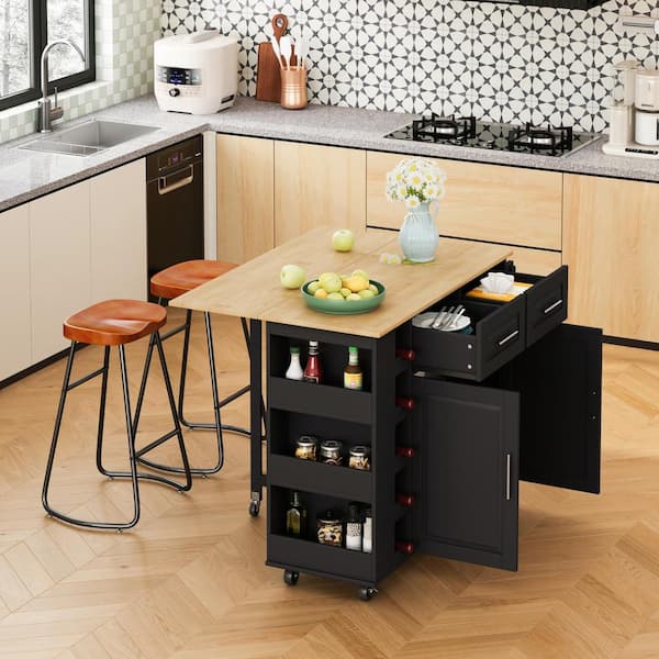 IDEAGLE Black Wood 46 in. Kitchen Island with Storage Mobile Serving Cart with 2 Door and 2 Drawers Rolling Storage Cabinet