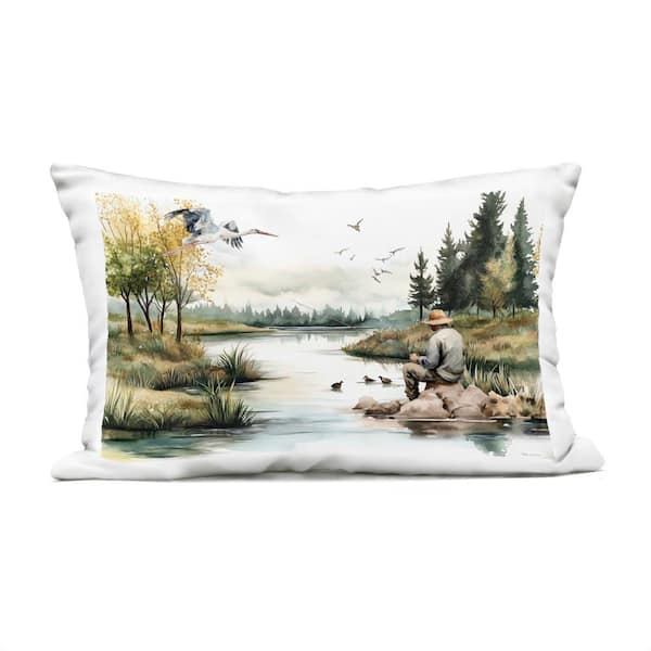Fishing by River Landscape Green Rectangular Outdoor Throw Pillow