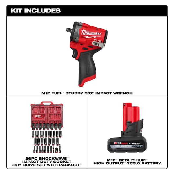 M12 FUEL 12V 3/8 in. Stubby Impact Wrench w/5.0Ah Battery & SHOCKWAVE PACKOUT Socket Set (36-Pc)