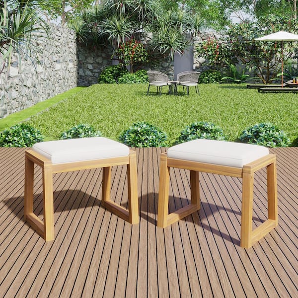 CHRISTOPHER KNIGHT HOME Evander Modern Teak Acacia Wood Outdoor Patio Ottoman Bench with Beige Cushions, (Set of 2)