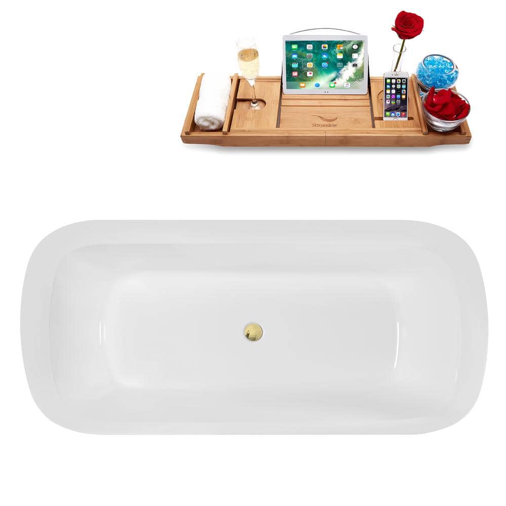 67" Glossy White Acrylic Freestanding Soaking Tub with Bamboo Tray