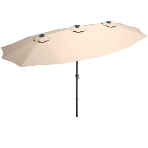 WELLFOR 15 ft. Steel Market Solar Patio Umbrella in Beige with LED Lights