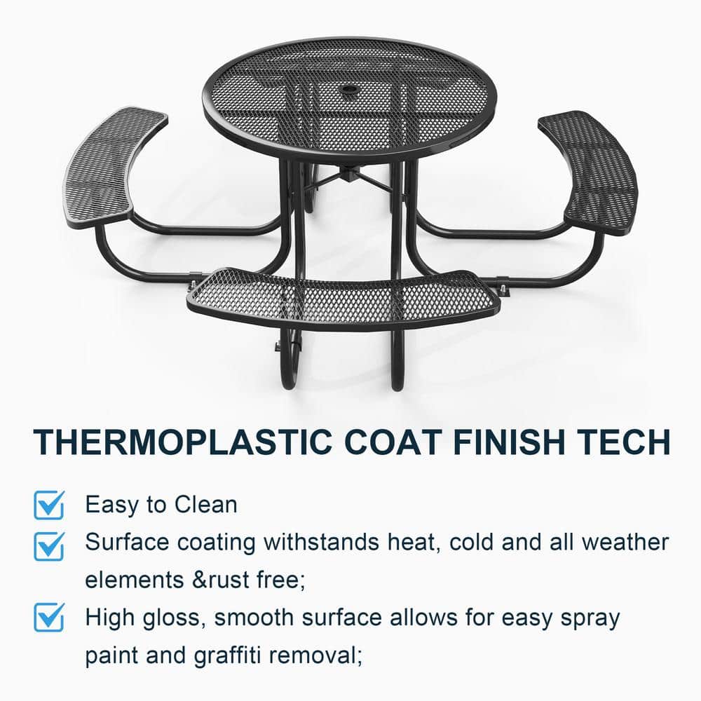Black Round Steel Outdoor Picnic Table with Attached Benches