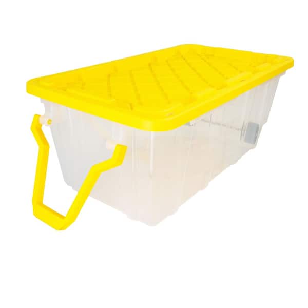40 Gal. Tough Storage Tote with Wheels and Handle in Clear and Yellow