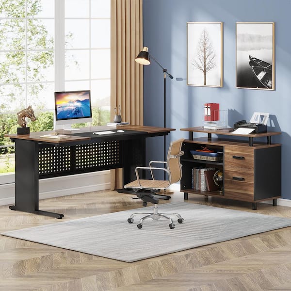 Halseey 63 in. L Shaped Brown Wood 2-Drawer Computer Desk for Home Office, Executive Desk with File Cabinet