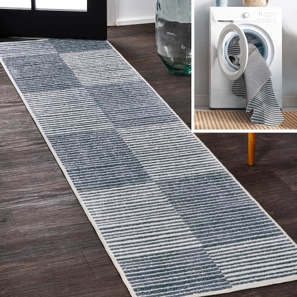 Dark Gray/Cream 2 ft. x 8 ft. Shutter Minimalist Striped Plaid Machine-Washable Runner Rug