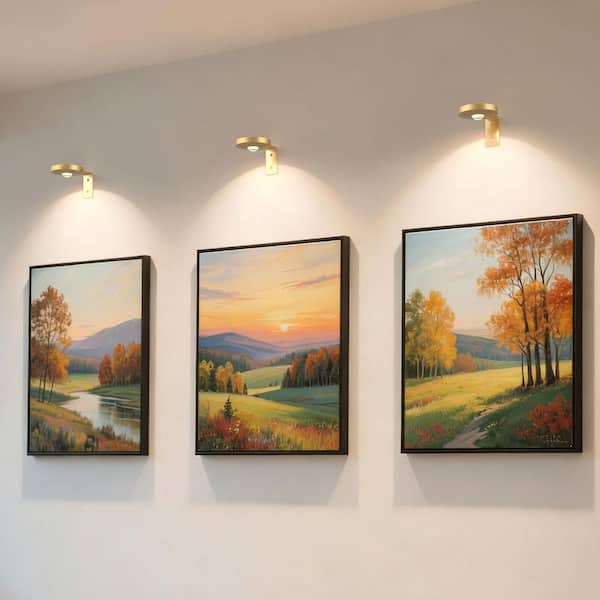 3 Pack LED Gold Picture Lights for Wall, Rechargeable Dimmable Art Frame Lights with Remote and Timer, Adjustable Color