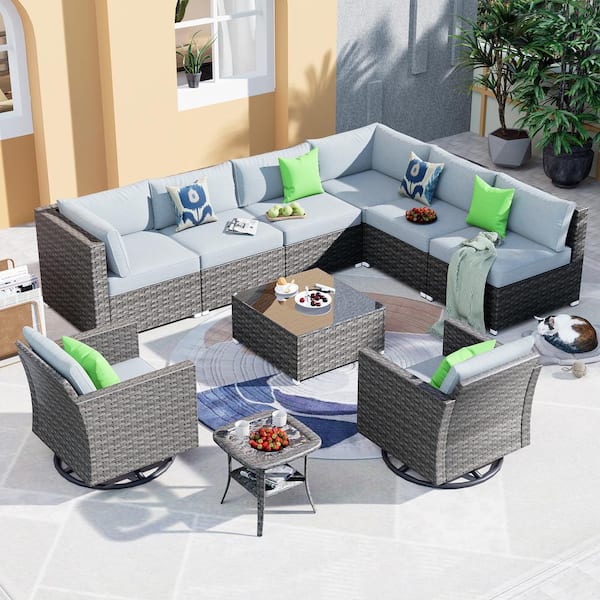 XIZZI Muses Gray 10-Piece Wicker Outdoor Patio Conversation Seating Set with Gray Cushions