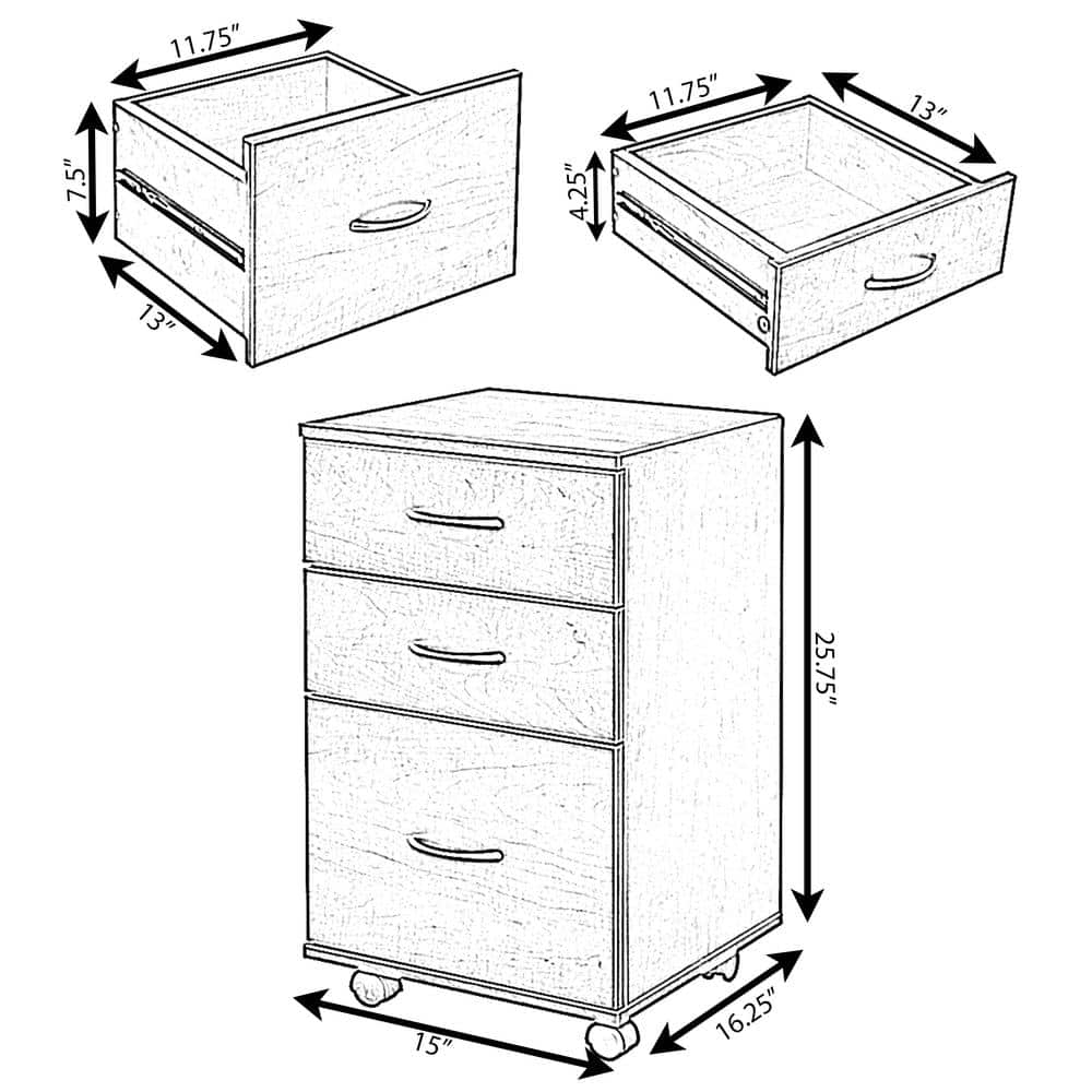 White 28" Mobile 3-Drawer Wooden File Cabinet with Casters