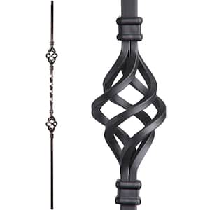 Twist and Basket 44 in. x 0.5 in. Satin Black Double Basket Solid Wrought Iron Baluster