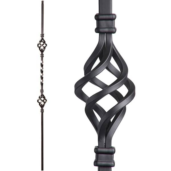 Twist and Basket 44 in. x 0.5 in. Satin Black Double Basket Hollow Wrought Iron Baluster