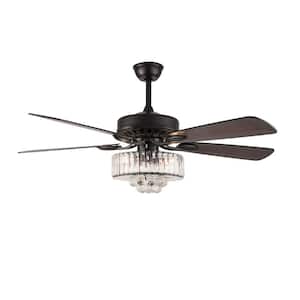 52 in. 3-Light Indoor Modern Black 5 Reversible Blades Crystal Ceiling Fan Light With Remote Control