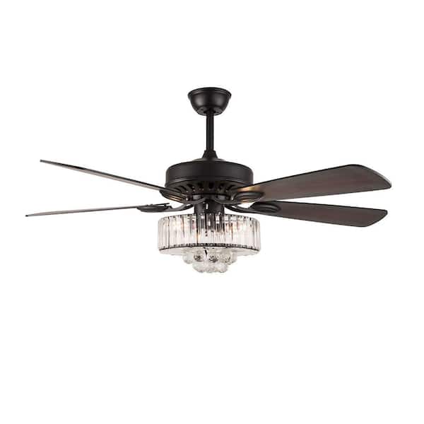 OUKANING 52 in. 3-Light Indoor Modern Black 5 Reversible Blades Crystal Ceiling Fan Light With Remote Control