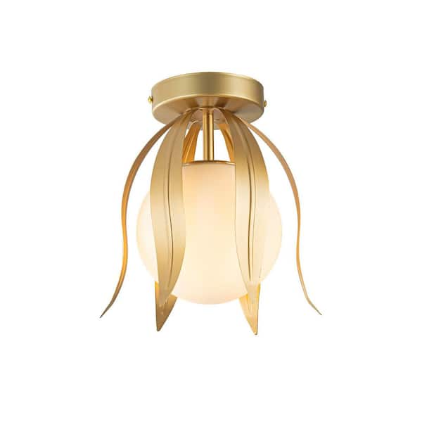 ELE Light & Decor Lotus 10 in. 1-Light Gold Modern Semi-Flush Mount with Frosted Glass Shade and No Bulbs Included