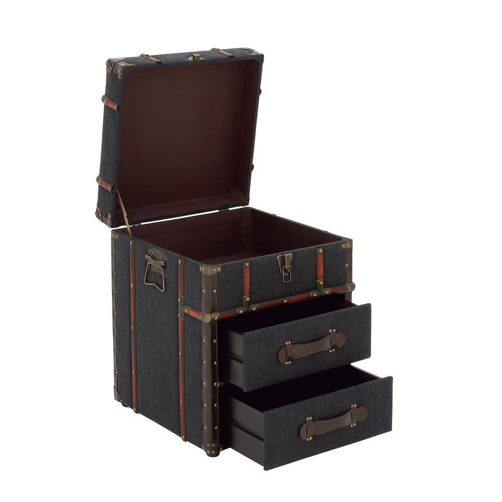 Dark Blue Linen Upholstered Wood End Table with Storage