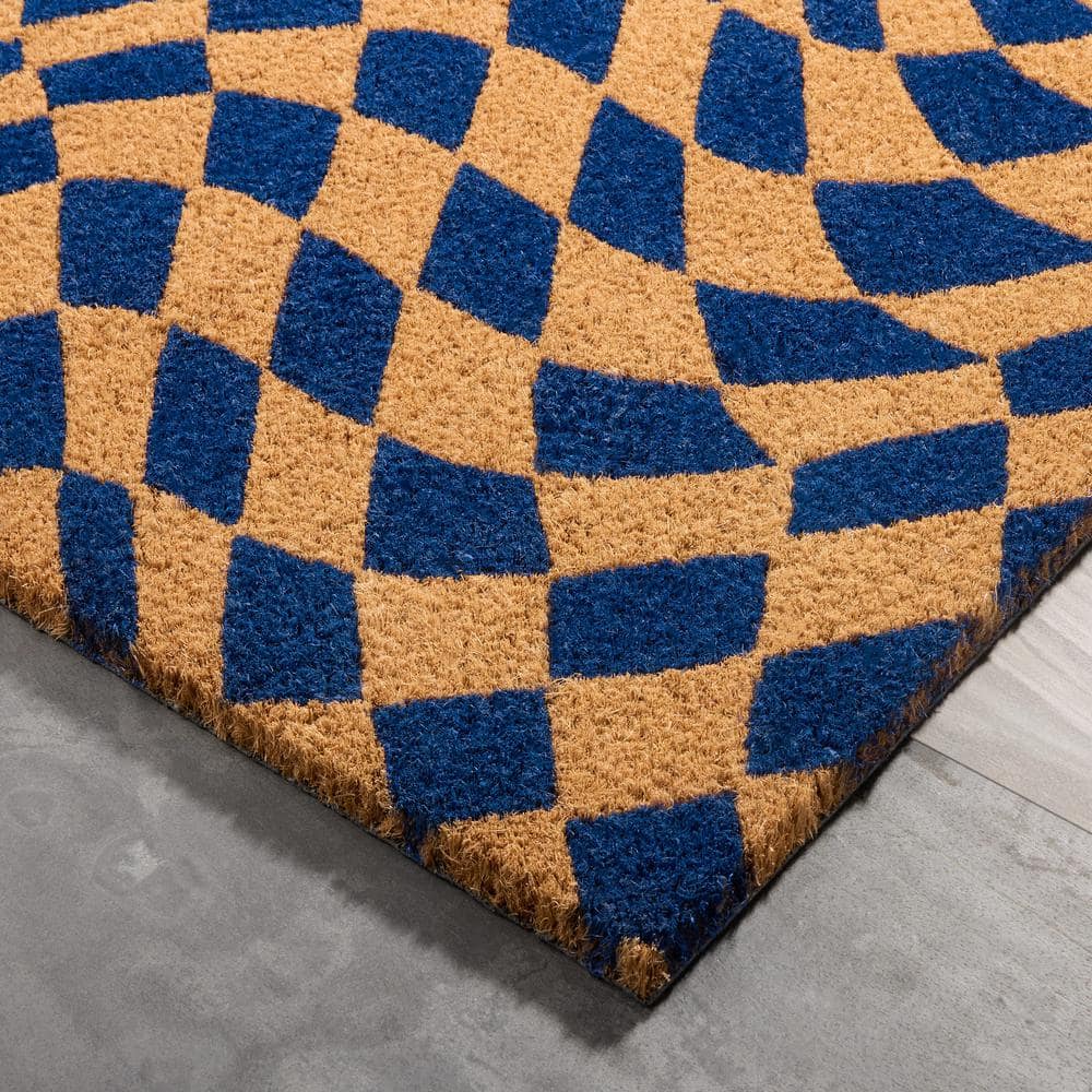 Blue and Natural Coir Checkerboard Outdoor Door Mat, 24" x 36"