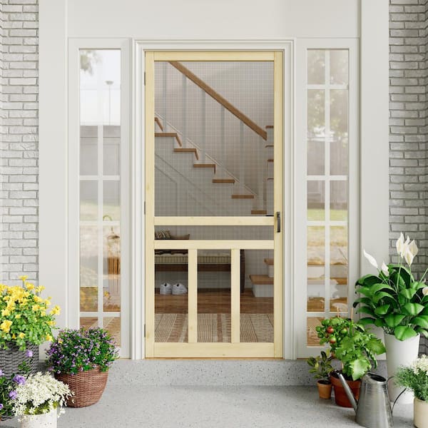 36 in. x 80 in. Universal 3 Bar Railing Style Unfinished Pine Wood and Gauze Mesh Hinged Screen Door for Front Door