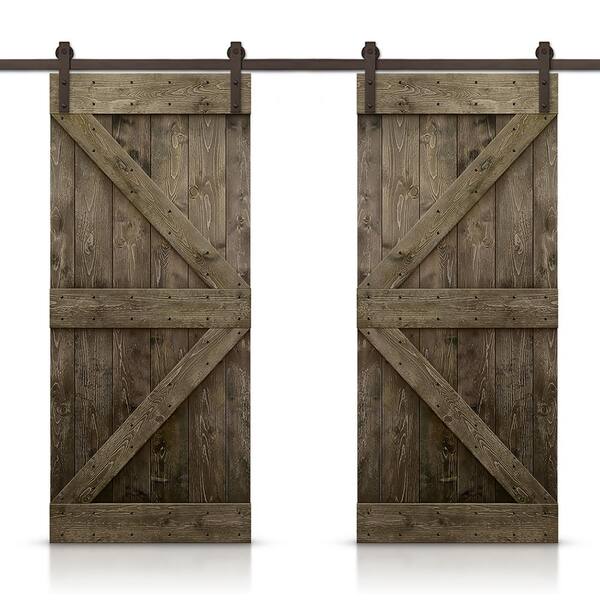 CALHOME 76in. x 84 in. K Series Espresso Stained DIY Solid Knotty Pine Wood Interior Double Sliding Barn Door With Hardware Kit