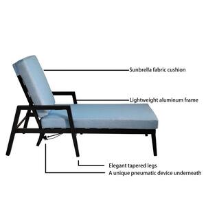 3-Piece Aluminum Outdoor Chaise Lounge Set with Tapered Feet, Pneumatic Adjustable Backrest and Blue Cushions