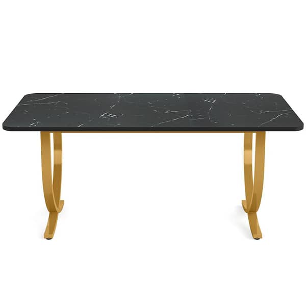 Delilah Modern Black Gold Wood 63 in. Trestle Dining Table Rectangle Kitchen Table Seats-6 Faux Marble Particle Board