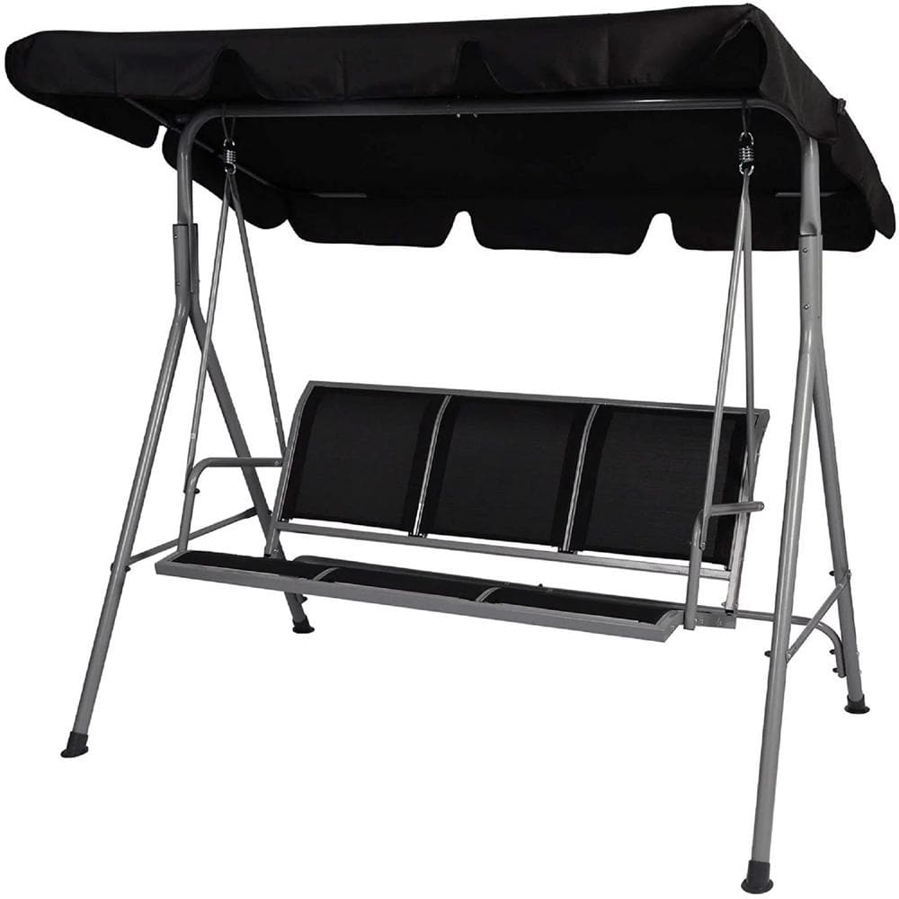 70 in. 3-Seat Black Metal Steel Patio Swing Chair with Adjustable Canopy an