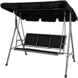 70 in. 3-Seat Black Metal Steel Patio Swing Chair with Adjustable Canopy and Durable Steel Frame