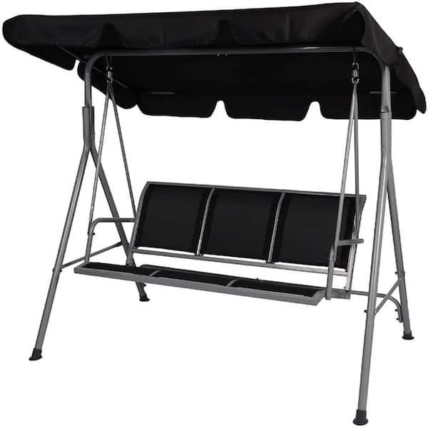 AFAIF 70 in. 3-Seat Black Metal Steel Patio Swing Chair with Adjustable Canopy and Durable Steel Frame