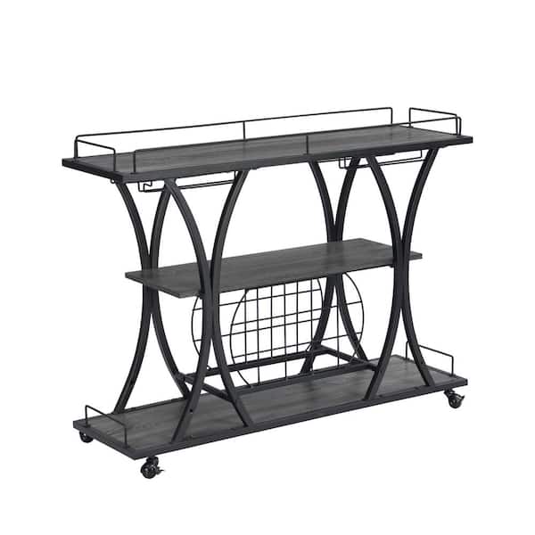 Tileon 3-Tier Gray Wood Kitchen Cart with 11-Bottle Wine Rack and Glass Holders