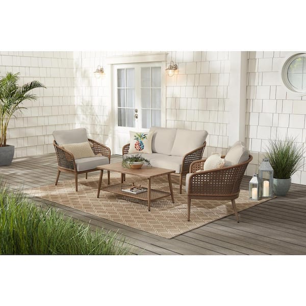 Hampton Bay Coral Vista 4-Piece Brown Wicker and Steel Patio Conversation Seating Set with Bare Cushions