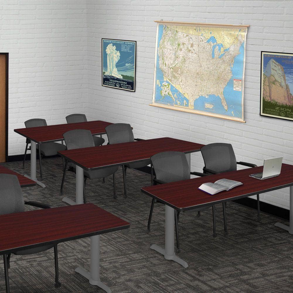Cain 66 in x 24 in. Mahogany Table Top T-Base Training Seminar Table Desk, Grey Base and 2 Knight Mesh Chairs