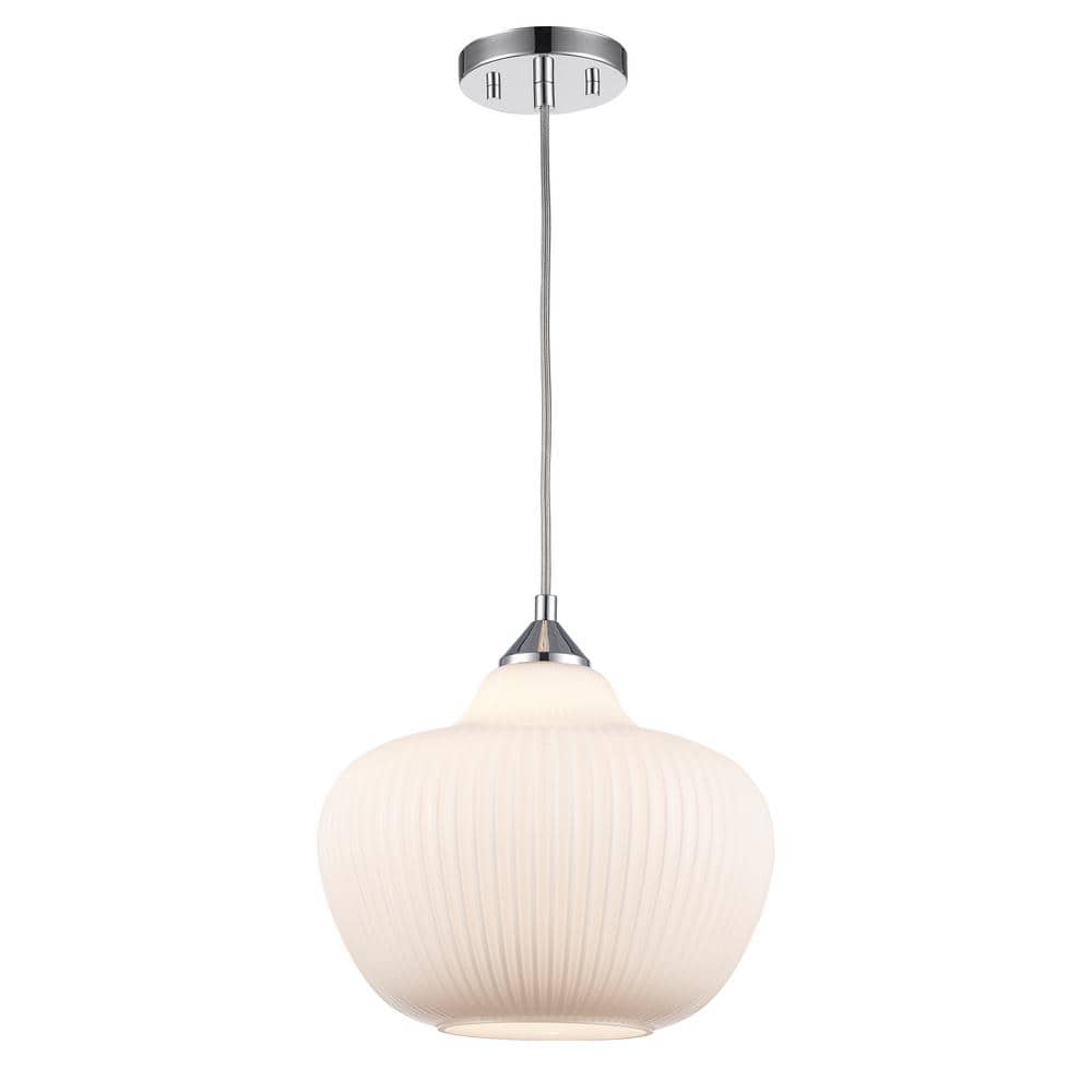 Home Decorators Collection Pompton 1-light Polished Chrome Pendant Light Fixture with White Ribbed Glass Globe Shade