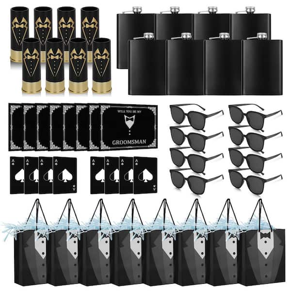 56-Piece Groomsmen Gift Set for 8 with Stainless Steel Flasks, Shot Glasses, Poker Openers, Sunglasses
