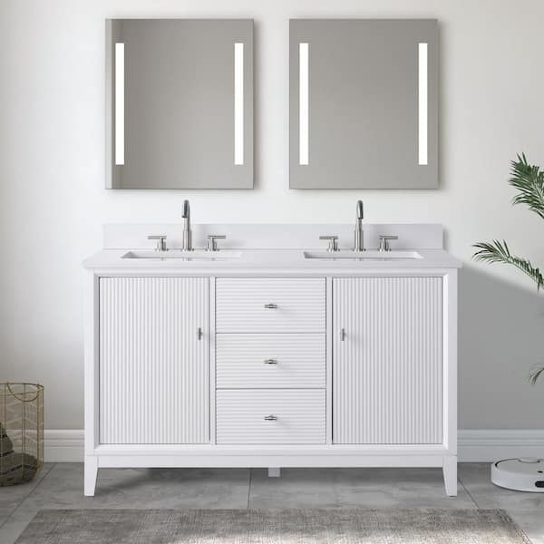 54 in. W Double Sink Freestanding White Bath Vanity Cabinet with Ariston White Engineered Marble Top