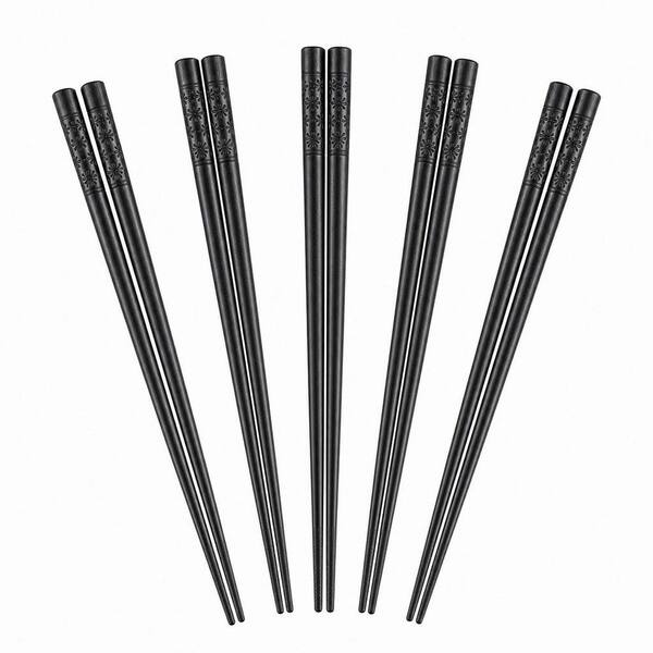 Premium Fiberglass Series Chopsticks, Black Solid Finish, 9.5 in. Non-Slip Sushi Dining Utensils, 5 Pairs Heat Resistant
