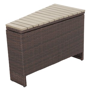 21.25 in. H Brown Wedge Wicker Outdoor Side Accent Table with Faux Wood Table Top and Storage