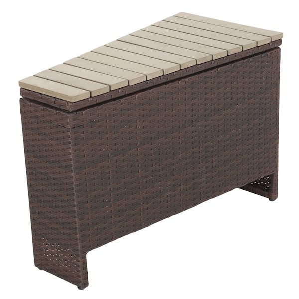 Angel Sar 21.25 in. H Brown Wedge Wicker Outdoor Side Accent Table with Faux Wood Table Top and Storage