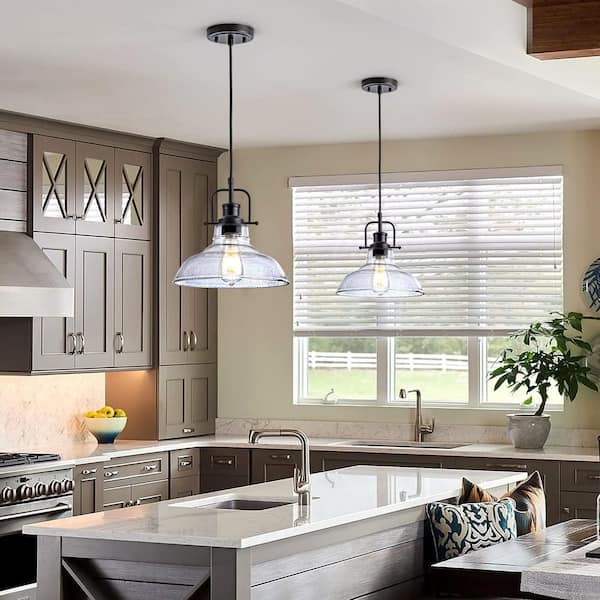 60-Watt 1-Light Black Pendant Light with Seeded Glass Shade Adjustable for Hallway, Kitchen Island (Bulb Not Included)